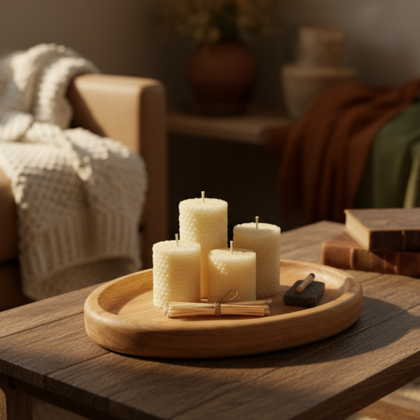 Candles on a wooden tray on a coffee table in a cozy living room.