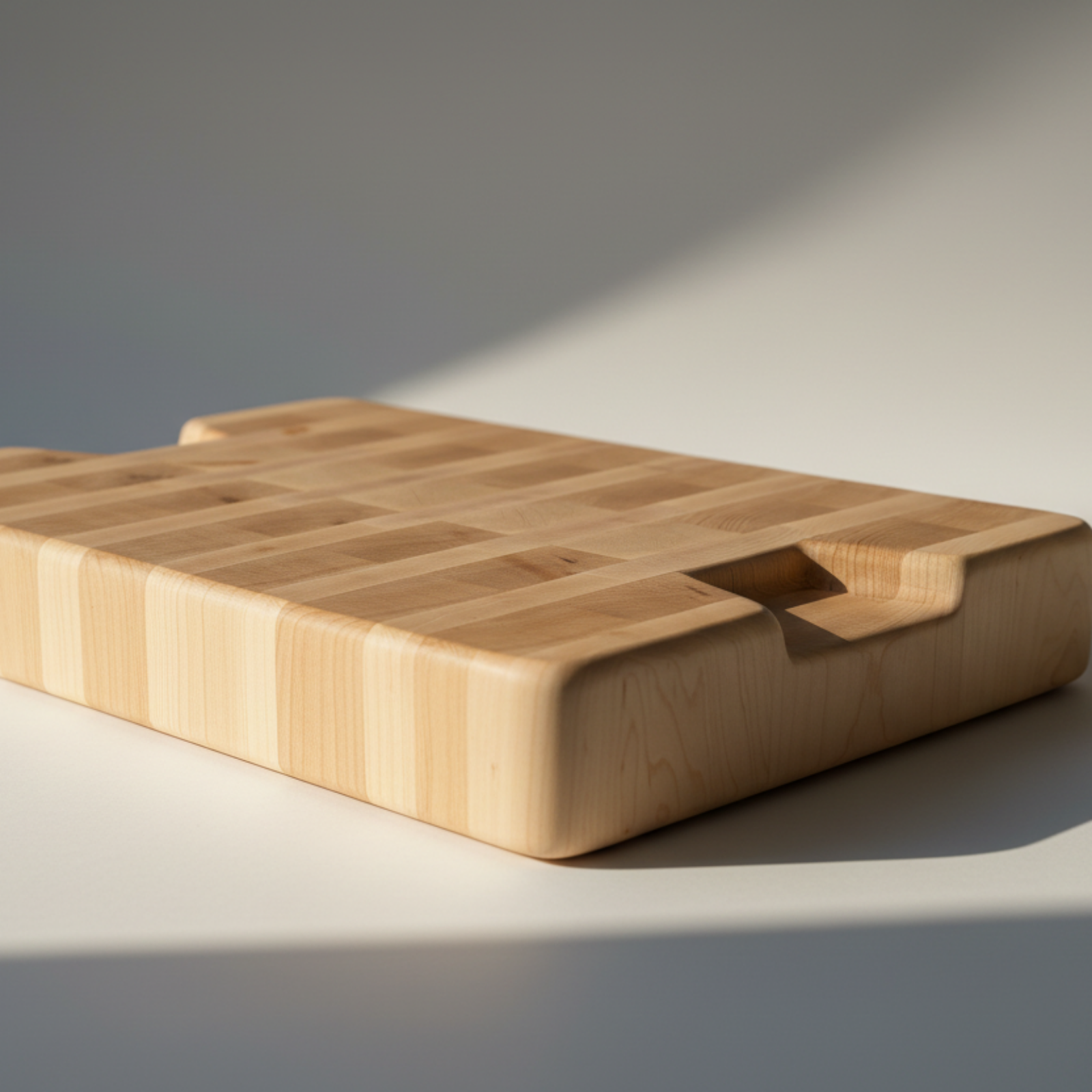 Wooden cutting board on a light surface with a soft shadow