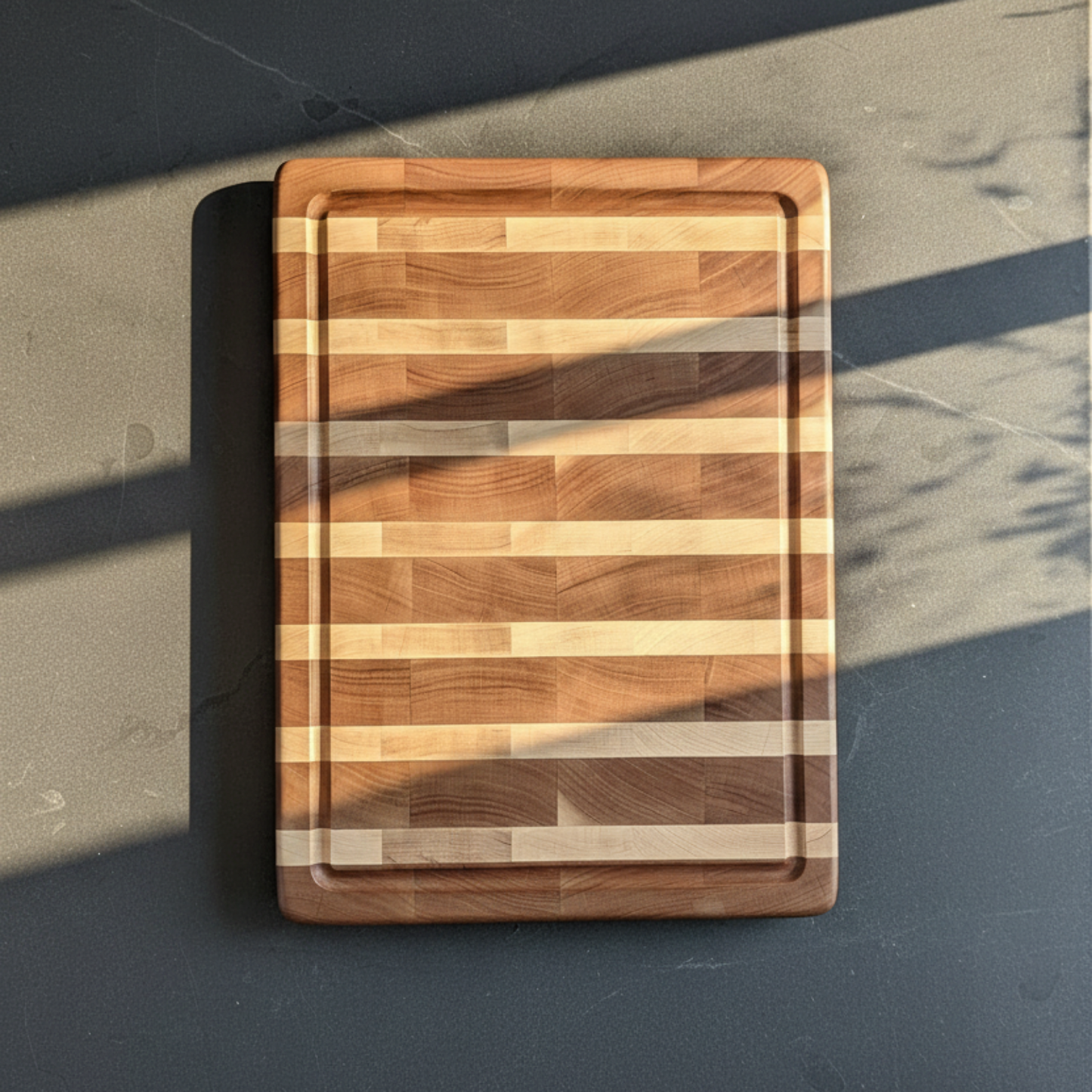 Wooden cutting board with a checkered pattern on a dark surface