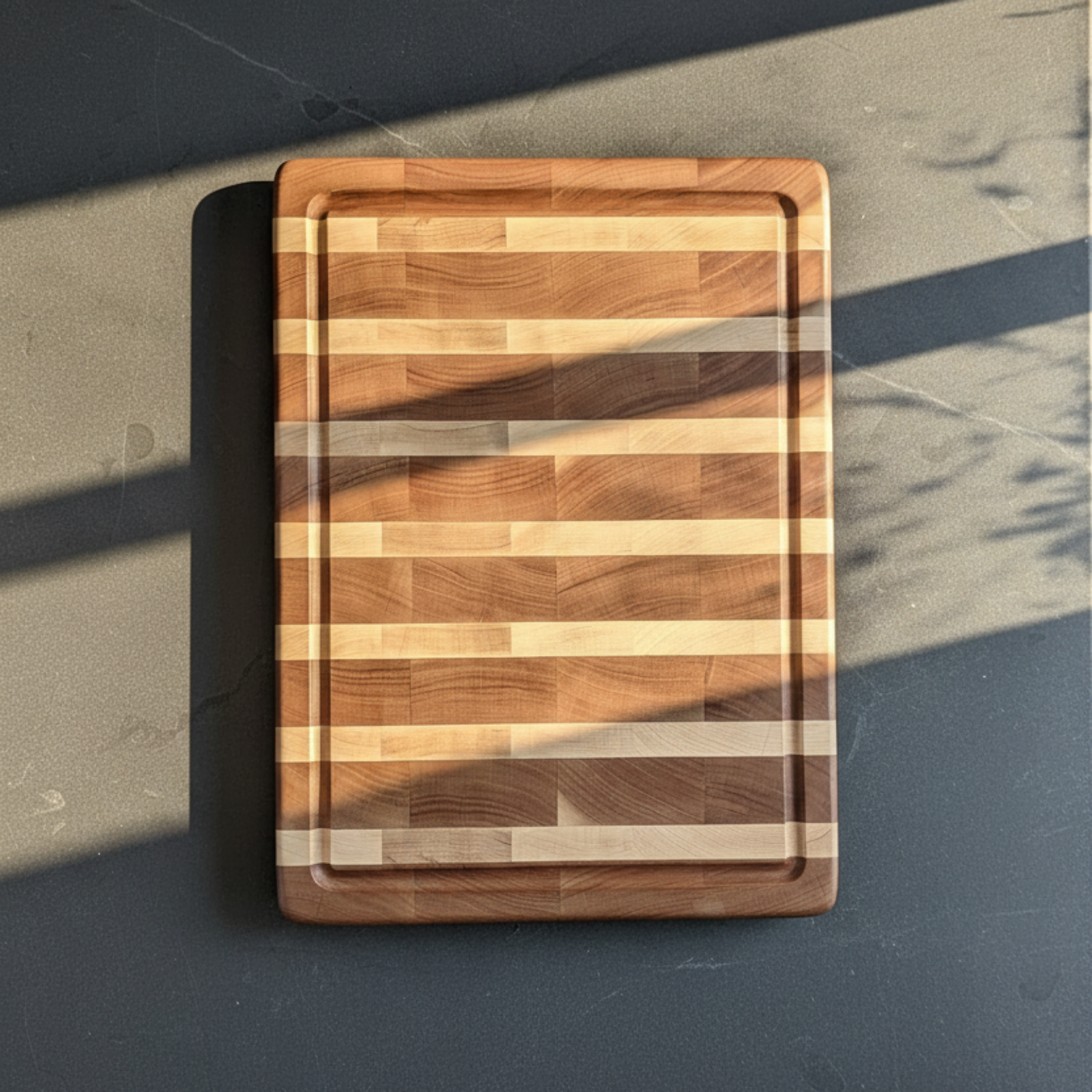 Wooden cutting board with a checkered pattern on a dark surface