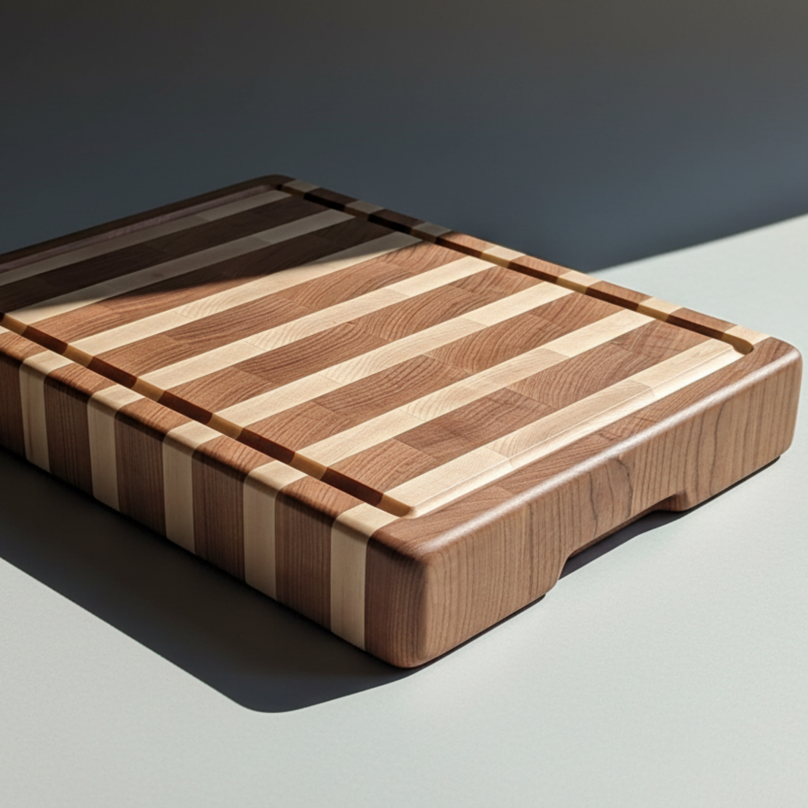 Wooden cutting board with striped pattern on a gray surface