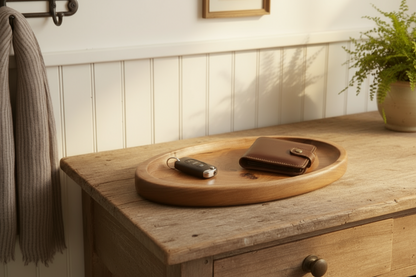 Wooden tray with a leather pouch on a wooden surface, with a plant and wall decor in the background.