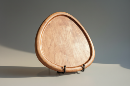 Wooden tray made of solid cherry on a stand against a gray background