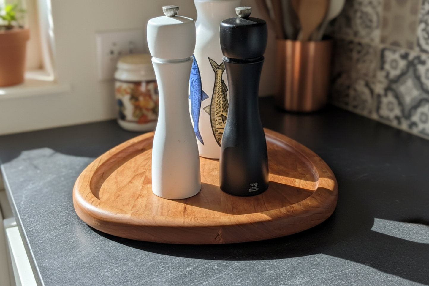 Two pepper grinders on a wooden tray with kitchen utensils in the background.