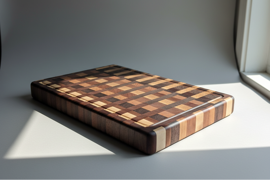 Wooden cutting board with checkered pattern on a gray surface