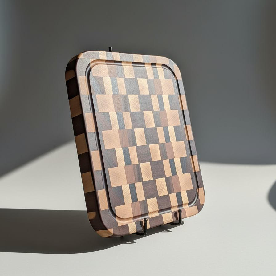 Checkered cutting board on a gray surface with a neutral background