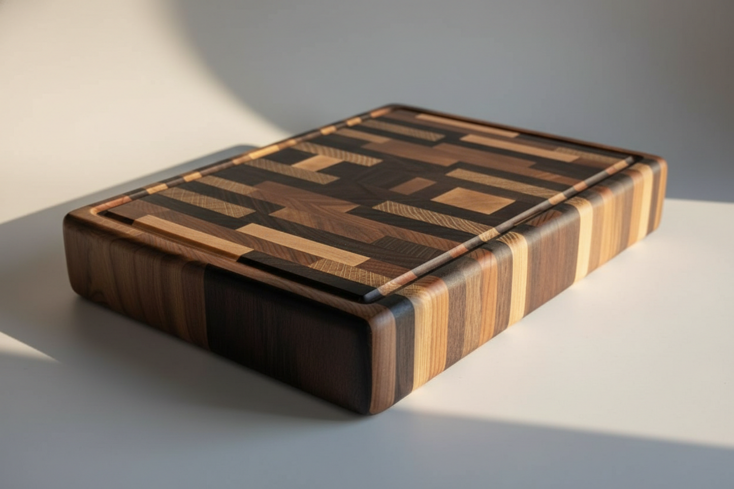 Wooden cutting board with geometric pattern on a light surface