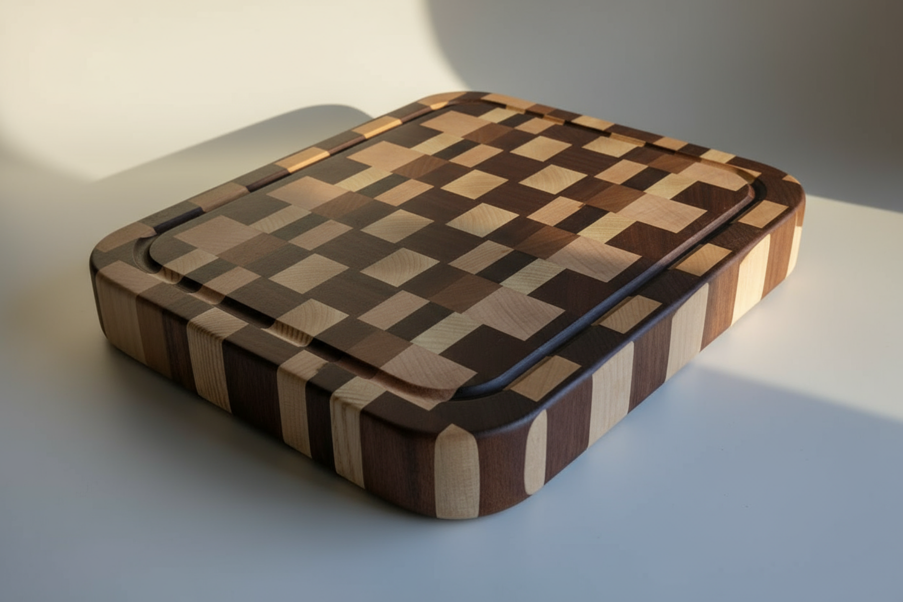 Wooden cutting board with a checkered pattern on a white surface