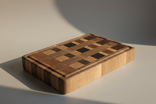 Wooden cutting board with checkered pattern on a neutral background
