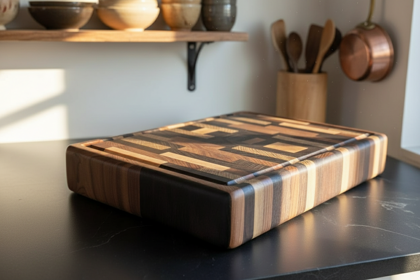 Wooden cutting board on a kitchen counter with utensils and pots in the background