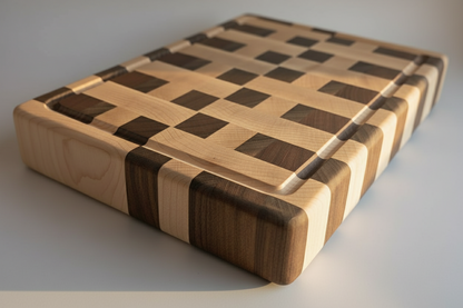 Wooden cutting board with a checkered pattern on a neutral background