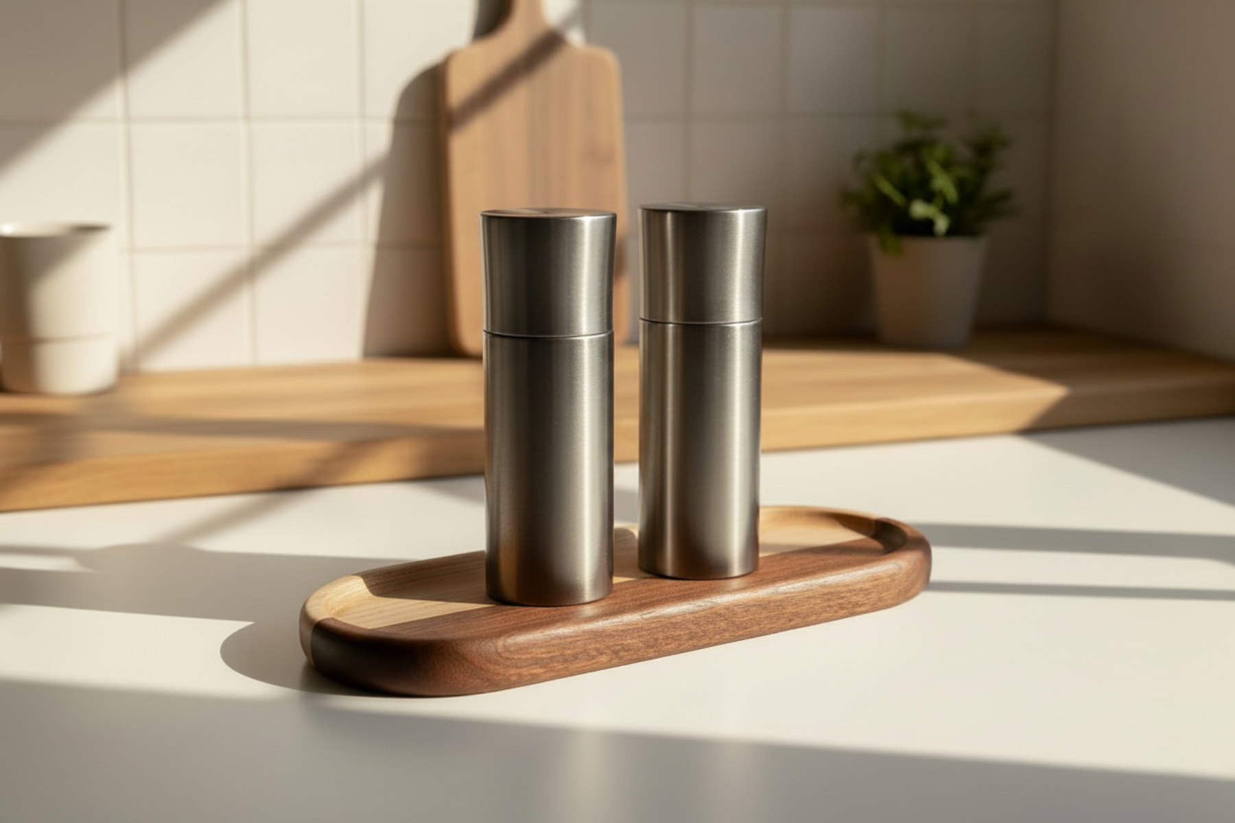 Two metallic salt and pepper shakers on a wooden tray with a kitchen setting in the background.