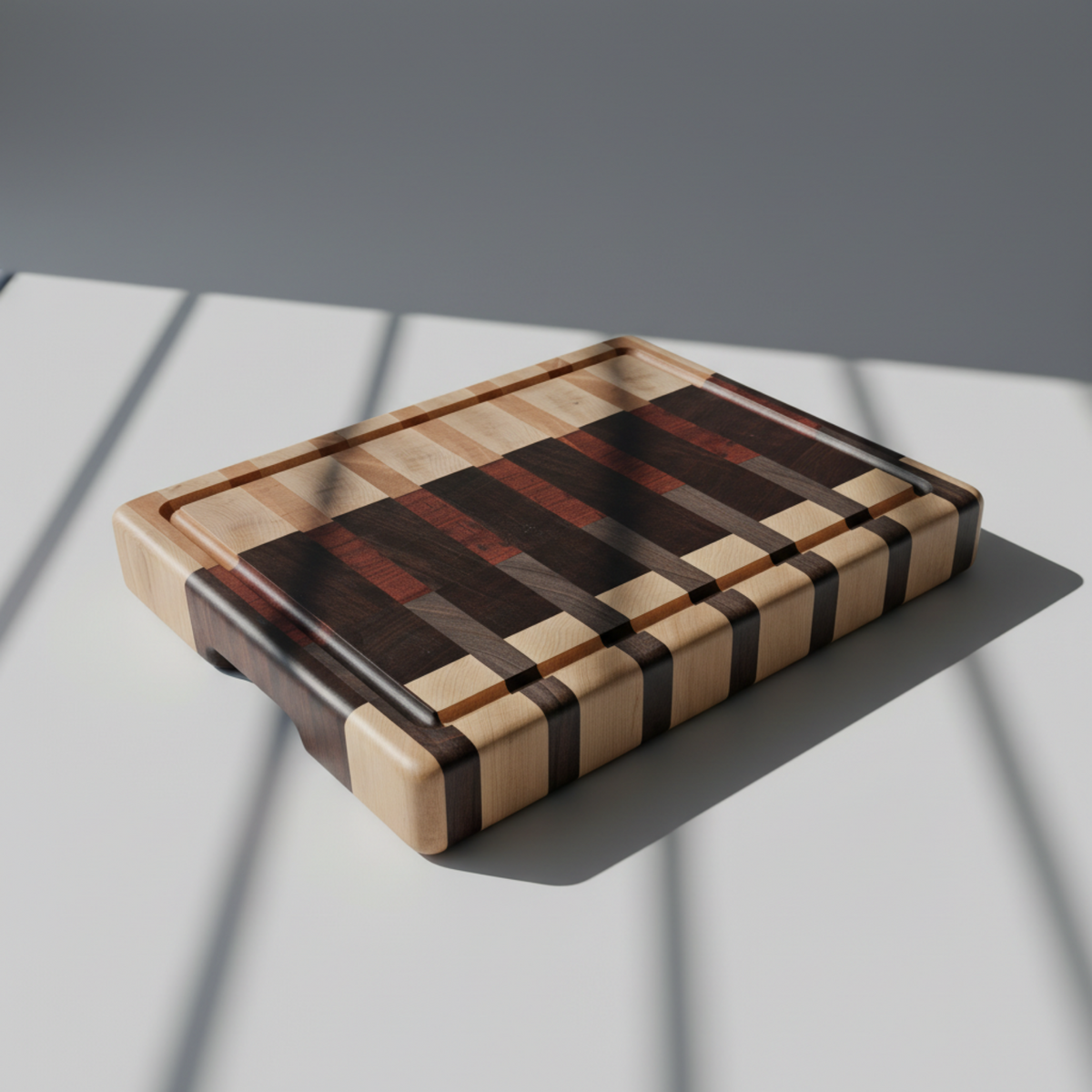 A rectangular wooden cutting board with a striped pattern of light, medium, and dark wood tones.