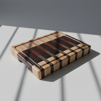 A rectangular wooden cutting board with a striped pattern of light, medium, and dark wood tones.