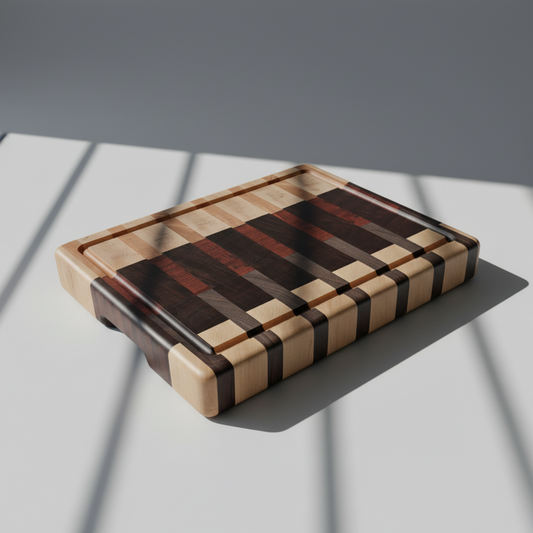 A rectangular wooden cutting board with a striped pattern of light, medium, and dark wood tones.