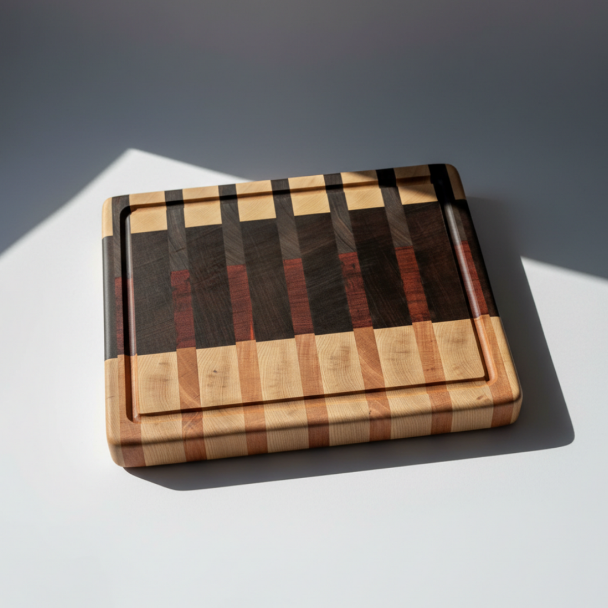 A rectangular wooden cutting board with a striped checkerboard pattern in light and dark wood tones.