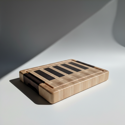 A rectangular wooden cutting board with a natural light wood body and dark brown to black striped inlay.