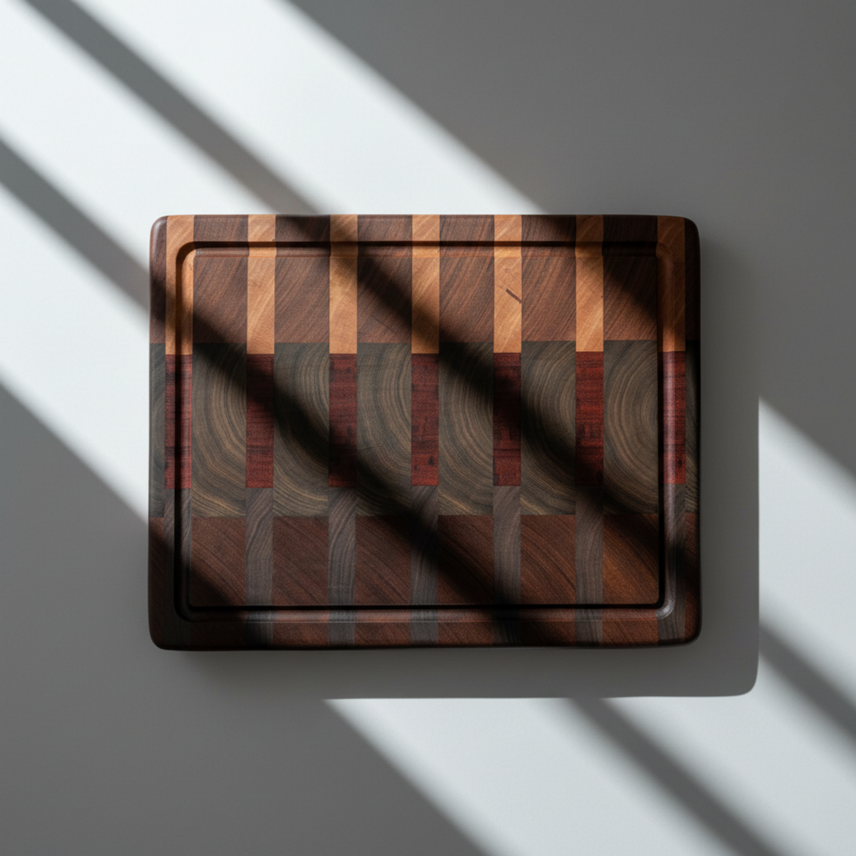 A rectangular wooden cutting board with a decorative inlay pattern of dark and light wood stripes, photographed from directly above