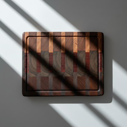 A rectangular wooden cutting board with a decorative inlay pattern of dark and light wood stripes, photographed from directly above