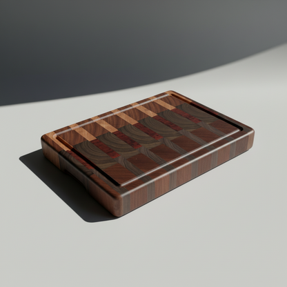 A rectangular wooden cutting board with a hinged lid, featuring a striped and wave-patterned wood inlay design.