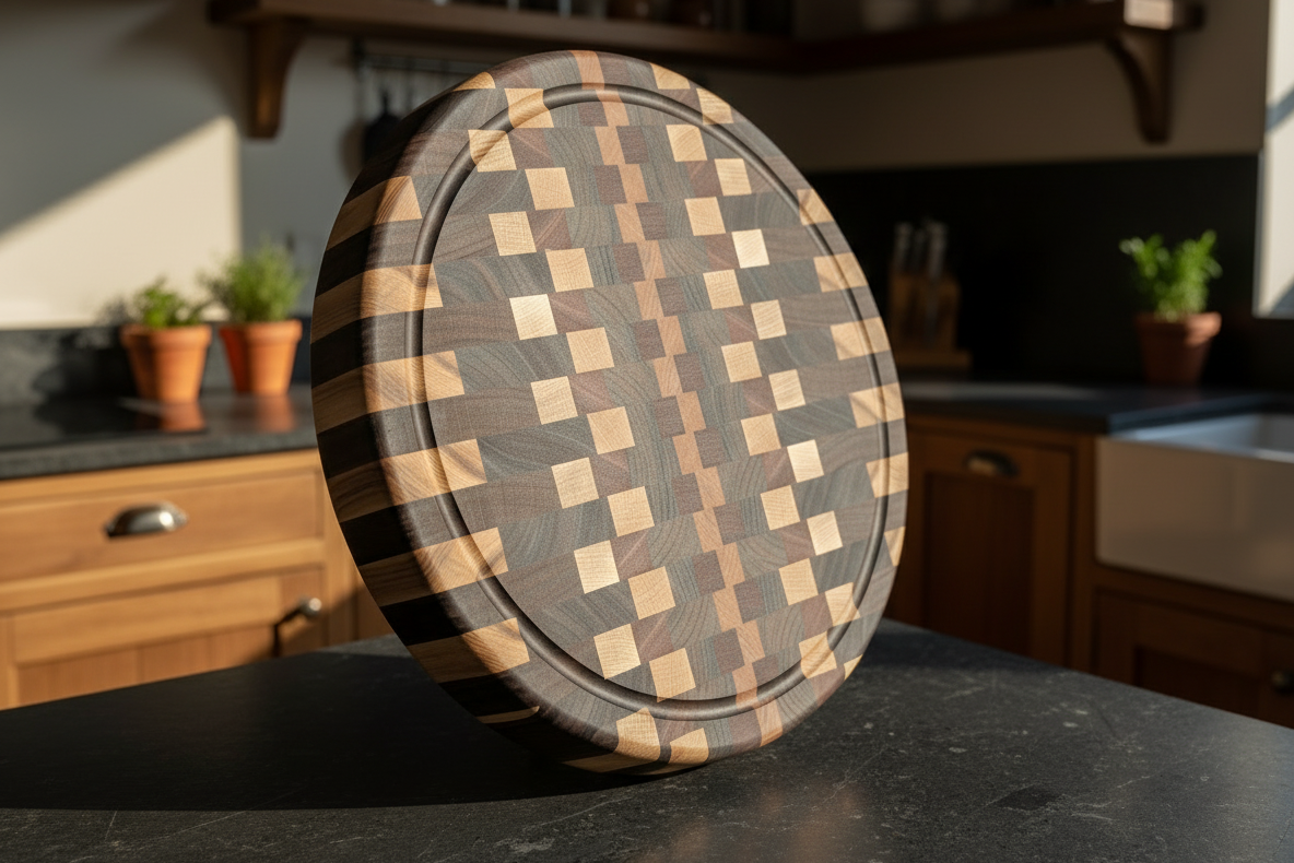Wooden cutting board with checkered pattern on a kitchen counter