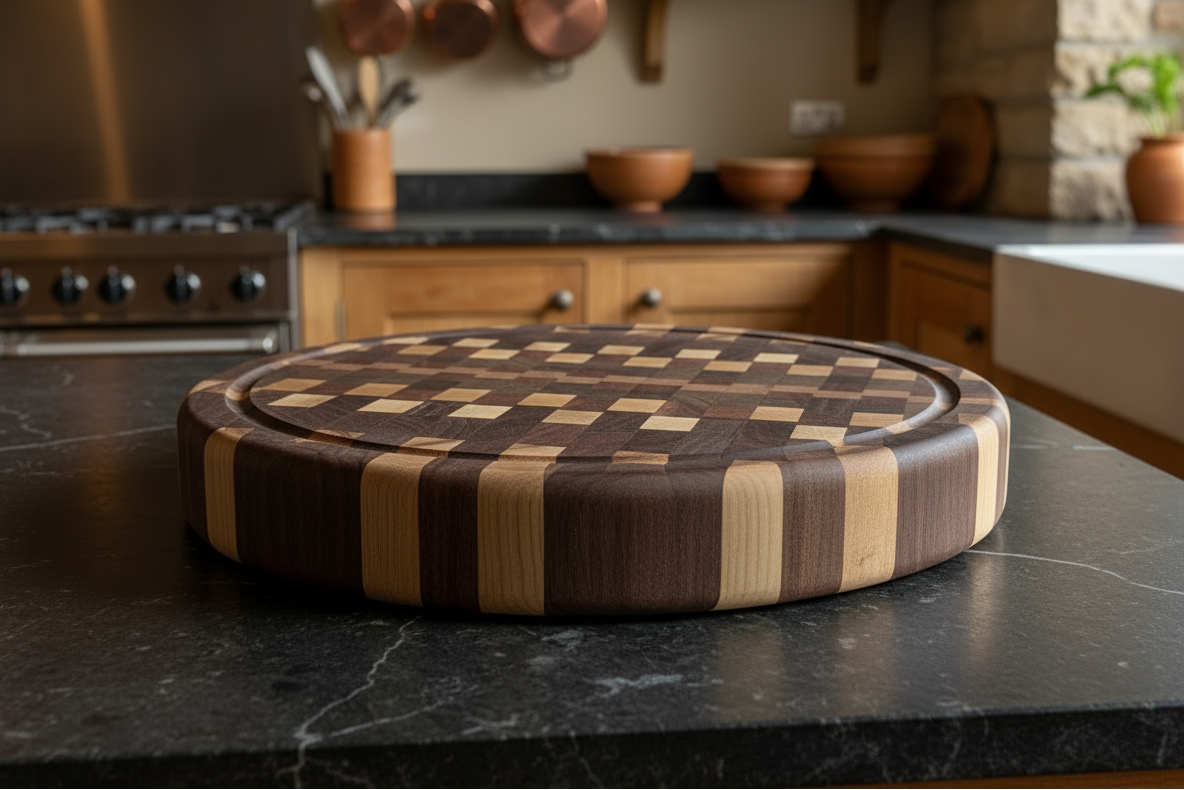 Wooden cutting board on a kitchen counter with pots and pans in the background