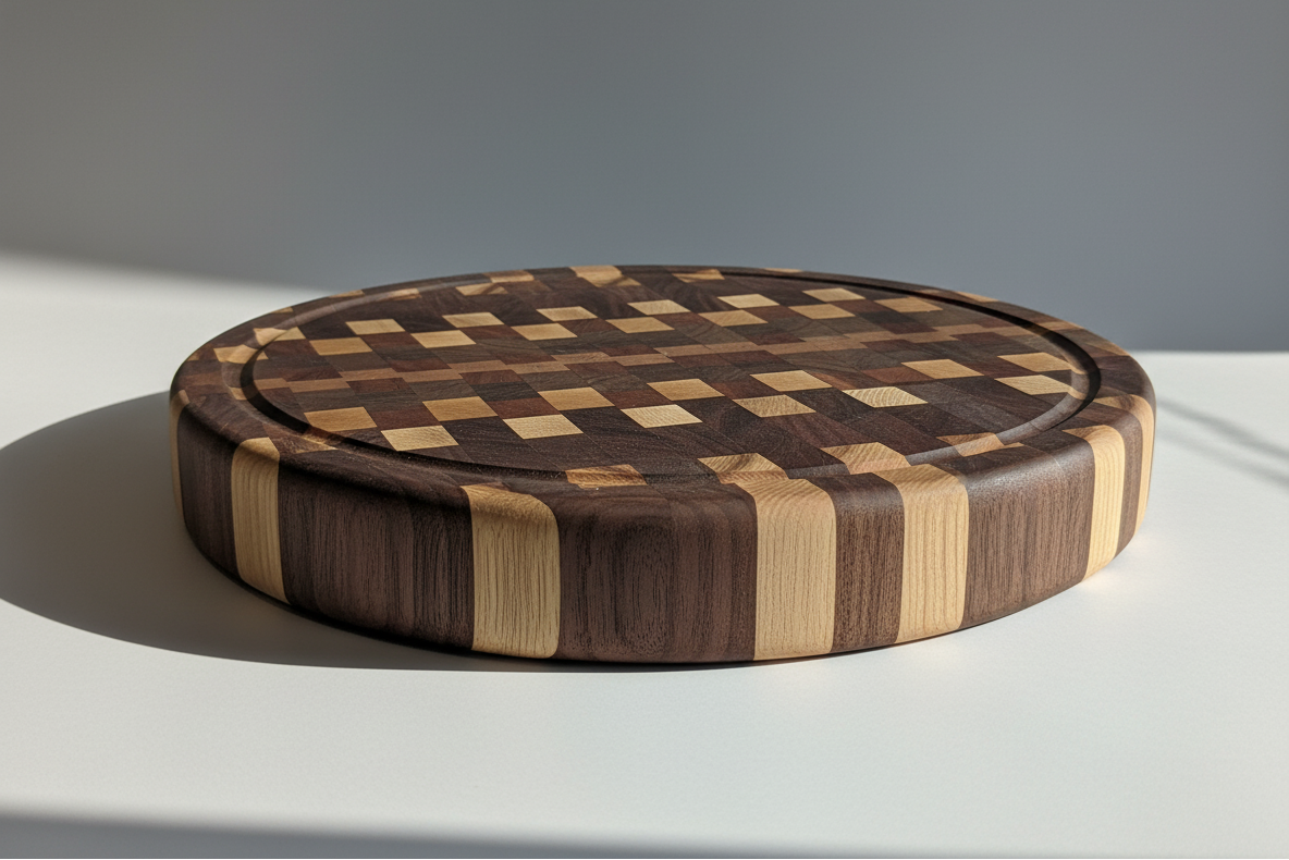Round wooden cutting board with checkered pattern on a gray background