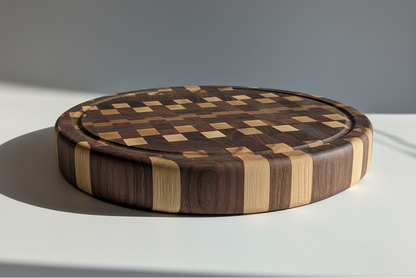 Round wooden cutting board with checkered pattern on a gray background