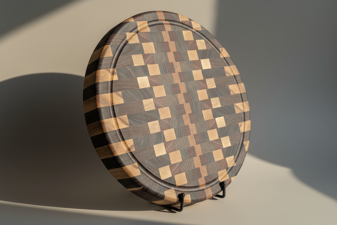 Round wooden cutting board with a checkered pattern on a neutral background