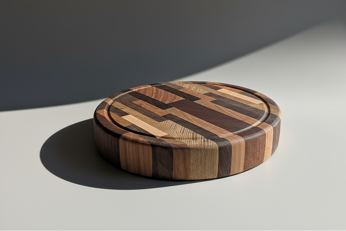 Wooden cutting board with a geometric pattern on a gray background