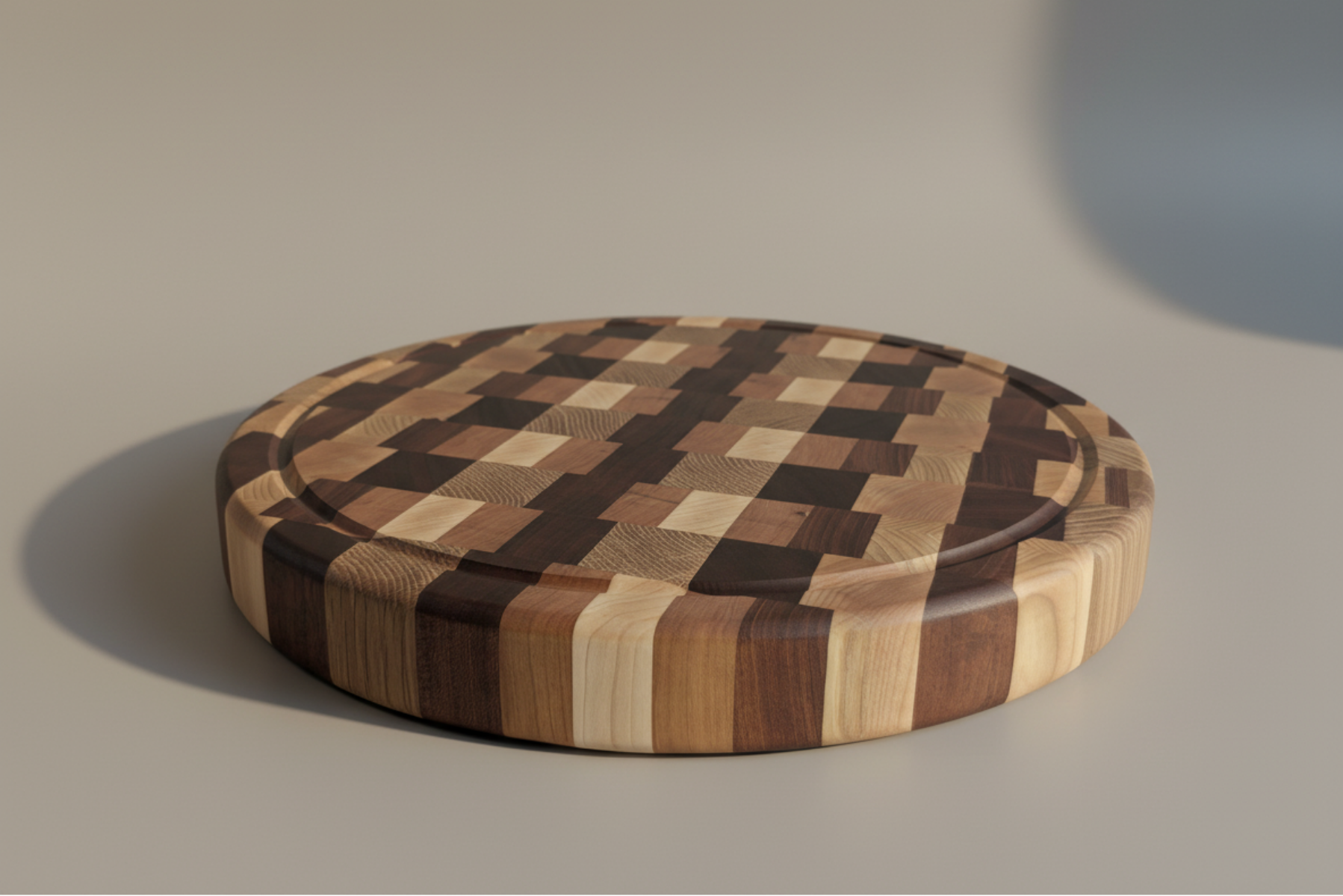 Round wooden cutting board with a geometric pattern on a neutral background