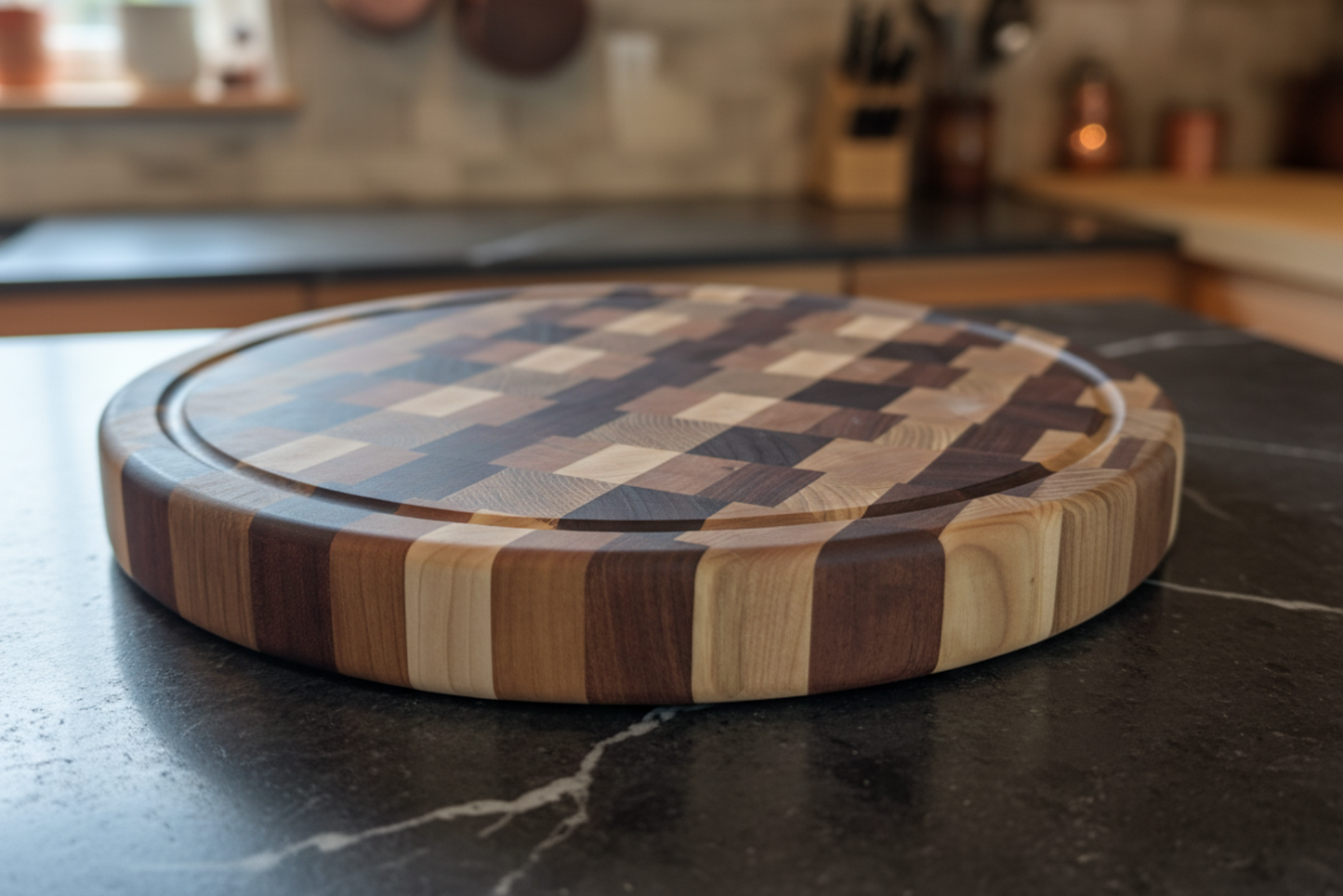 Round wooden cutting board with a checkered pattern on a kitchen counter.
