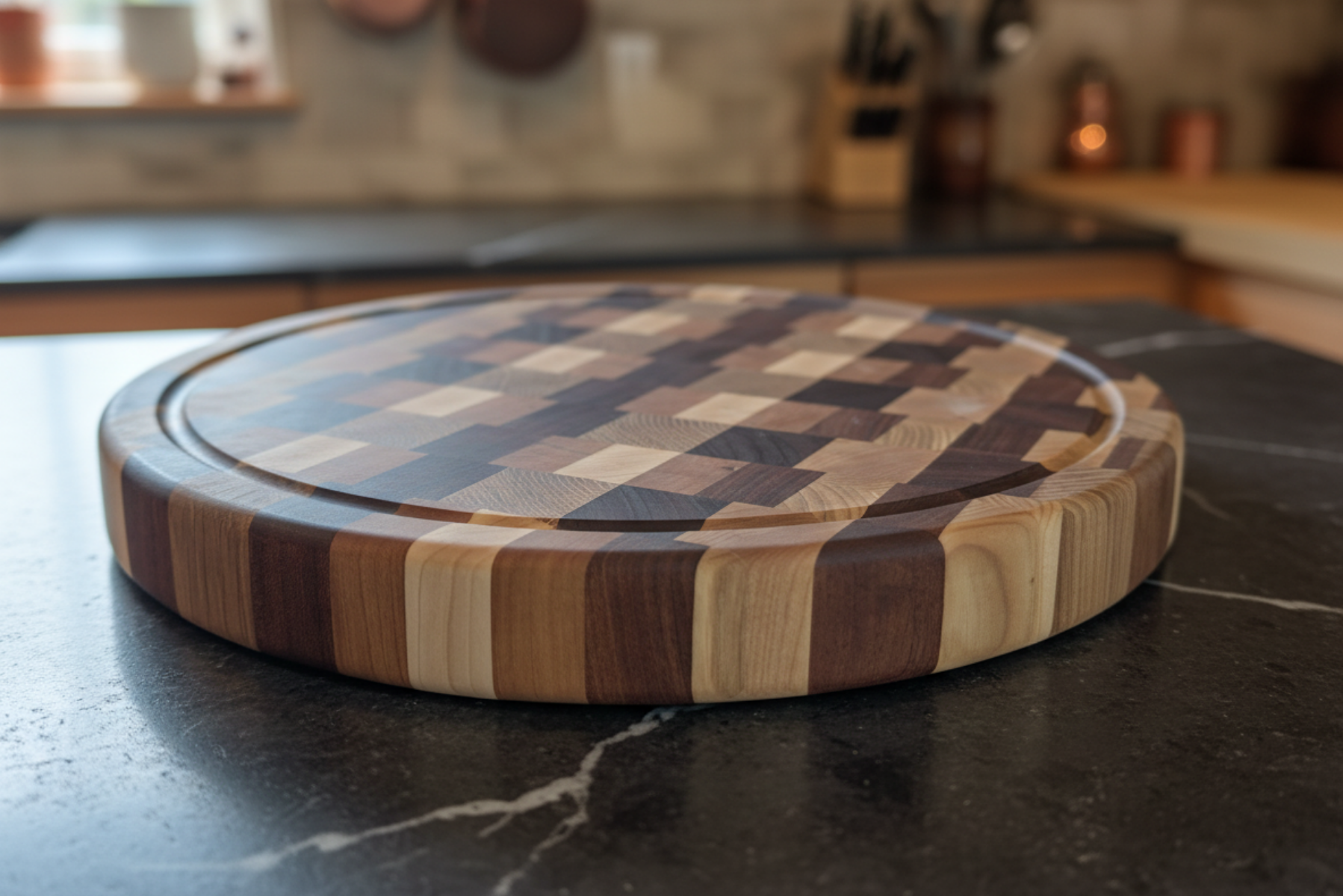 Round wooden cutting board with a checkered pattern on a kitchen counter.