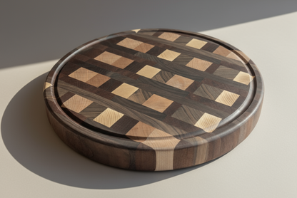 Round wooden cutting board with a checkered pattern on a neutral background