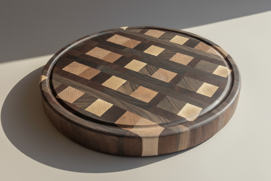 Round wooden cutting board with a checkered pattern on a neutral background