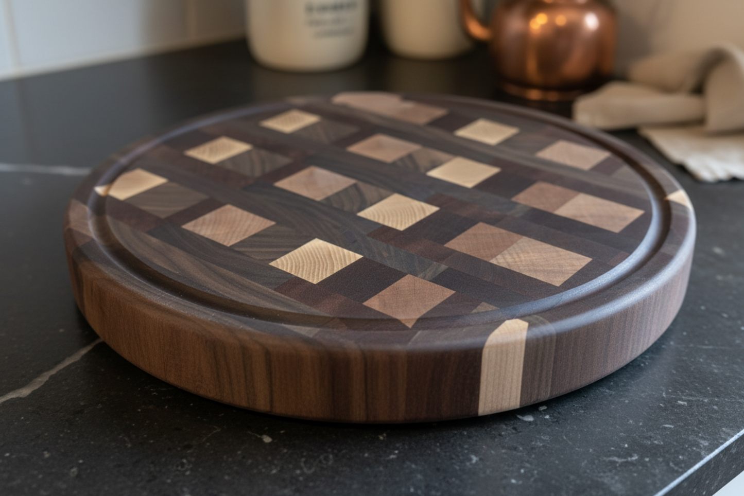 Wooden cutting board with checkered pattern on a kitchen counter
