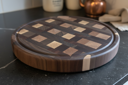Wooden cutting board with checkered pattern on a kitchen counter