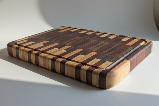 Wooden cutting board with a striped pattern on a white surface