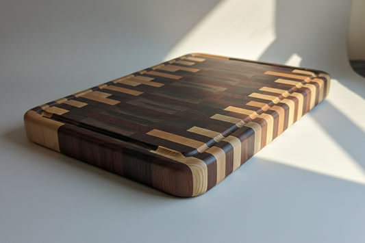 Wooden cutting board with a checkered pattern on a light background