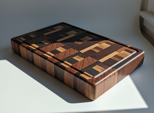 Wooden cutting board with geometric pattern on a white surface