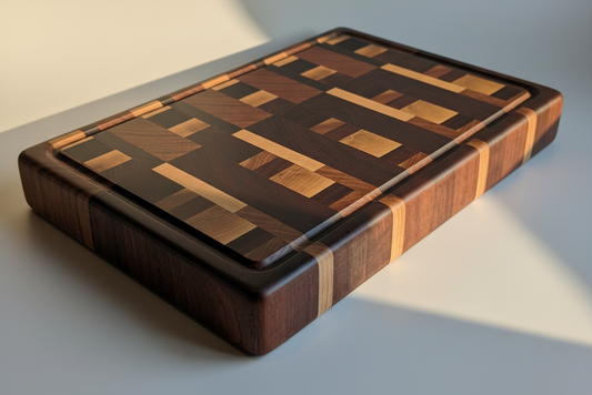 Wooden cutting board with geometric pattern on a light background