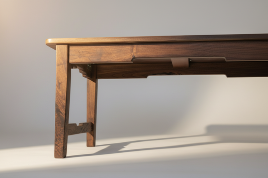 Wooden desk with a drawer on a plain background