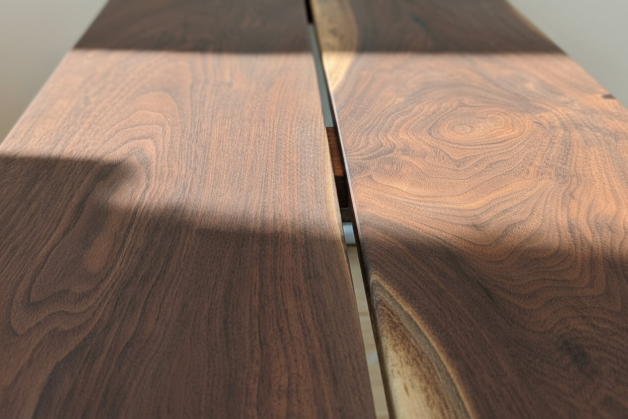 Two wooden panels with a visible seam on a white background