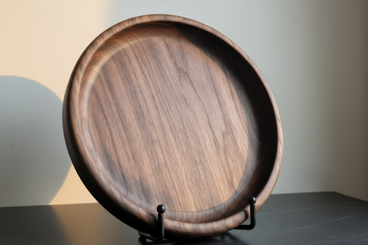 Wooden tray on a stand against a neutral background