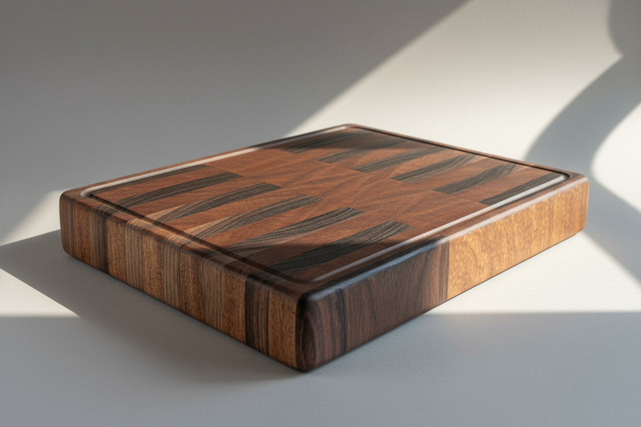 Wooden cutting board with a checkered pattern on a light background