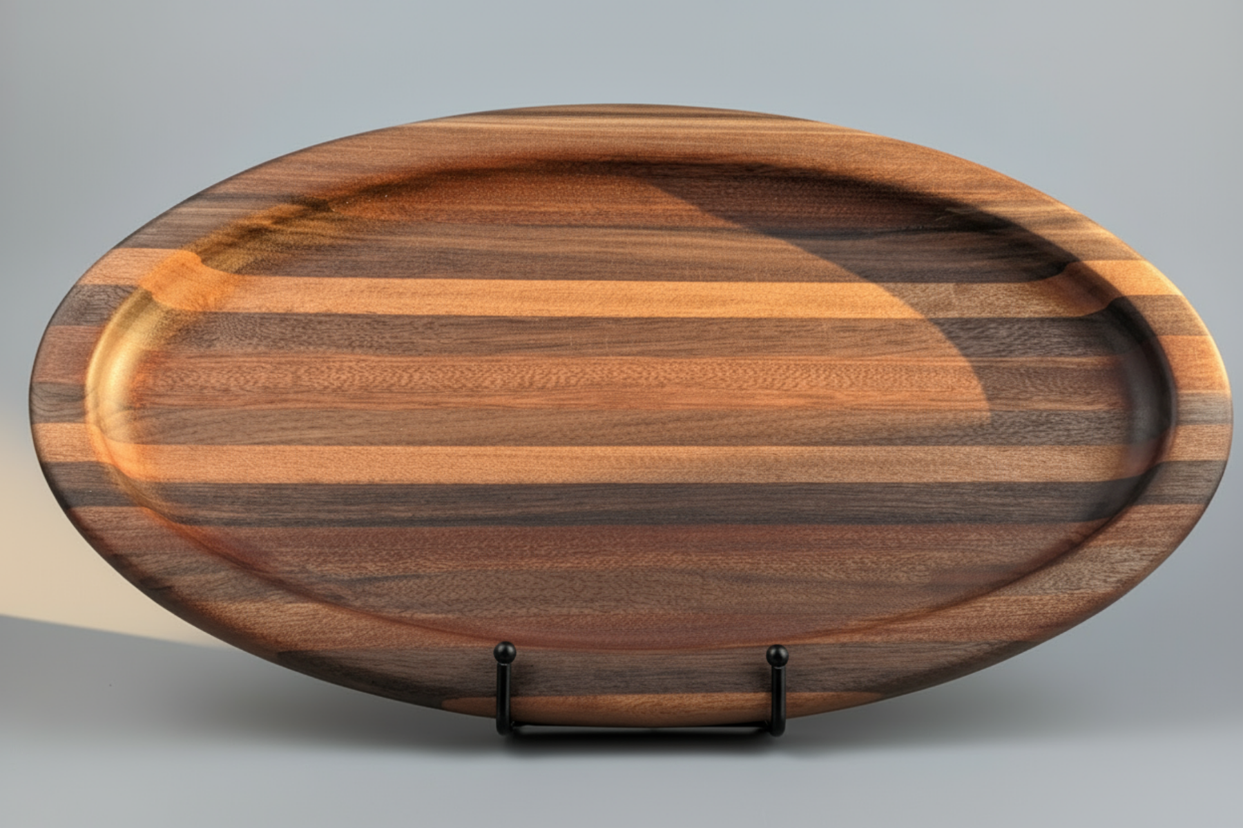 Wooden serving tray with a striped pattern on a gray background