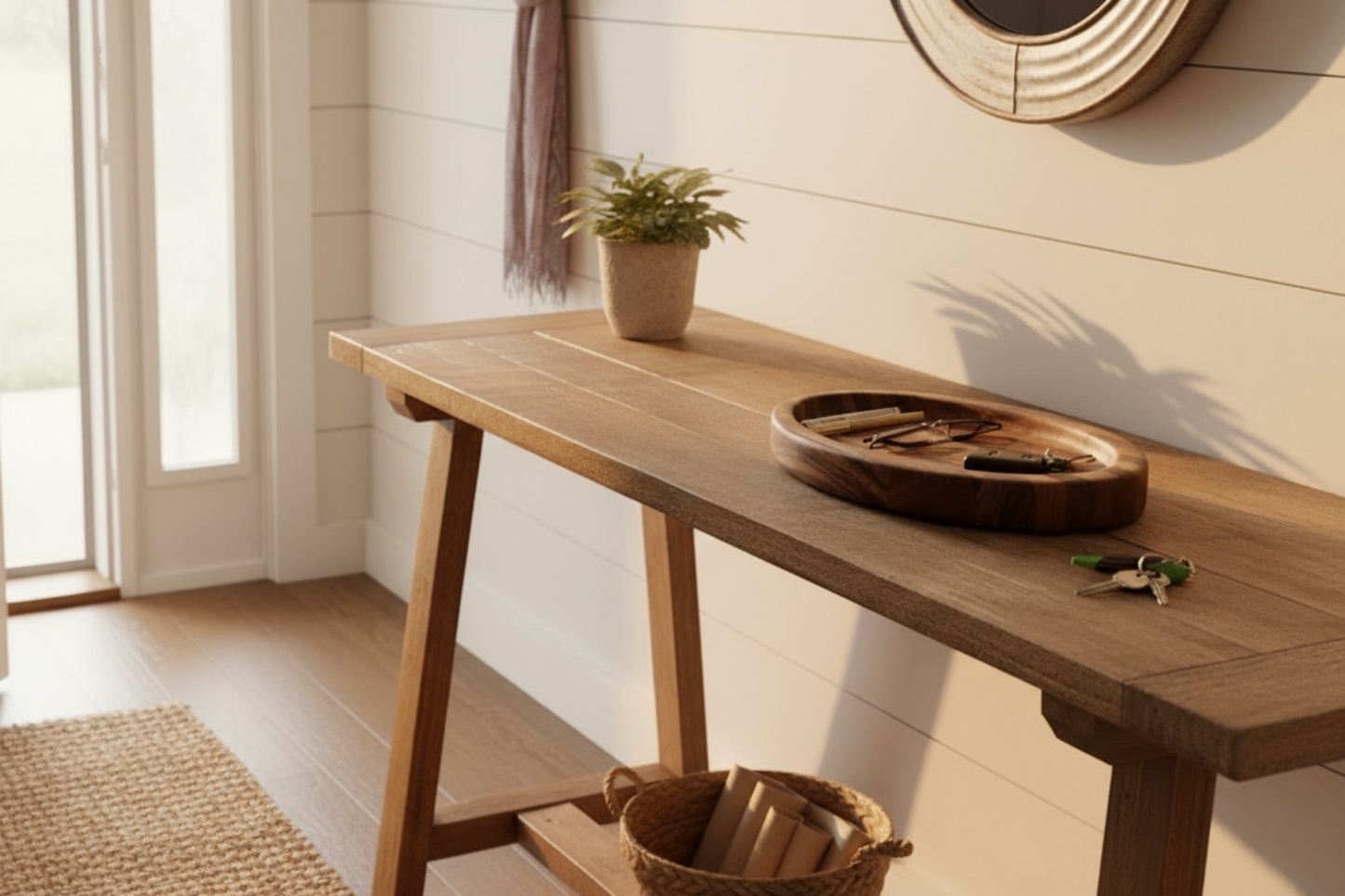 Wooden console table with decorative items in a room with white walls and a rug.