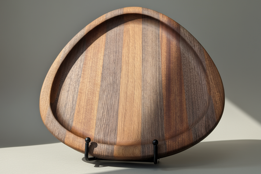 Wooden cutting board with striped pattern on a stand against a gray background