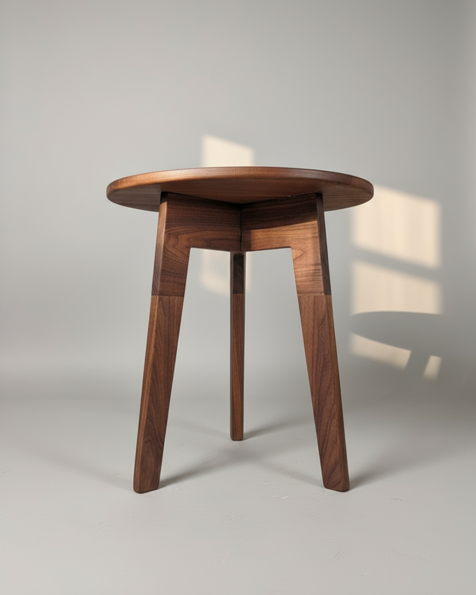 Wooden side table with a minimalist design on a gray background