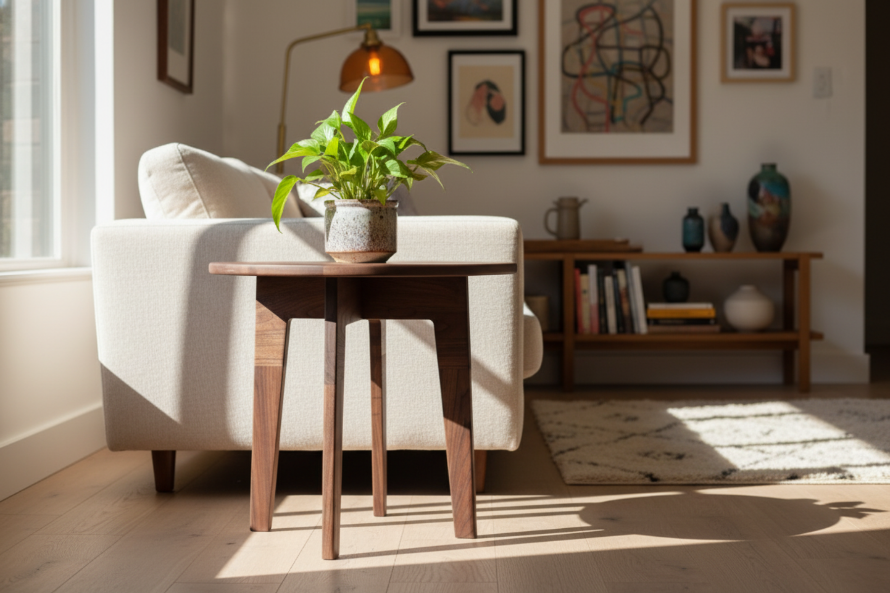 Modern living room with a white armchair, wooden side table, and decorative items.